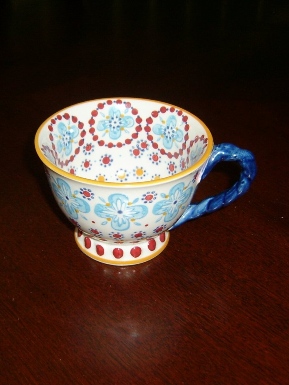 Anthropologie Blue Flowers Red Dots Coffee/Tea Cup, VGUC